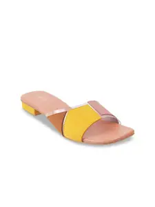Mochi Women Peach-Coloured & Yellow Colourblocked Open Toe Flats