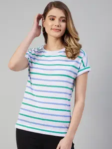 Marks & Spencer Women Green & White Linen Blend Striped T-shirt
