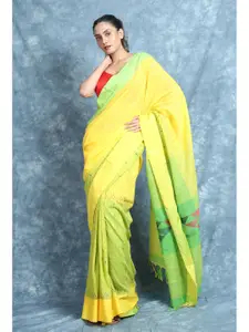 Charukriti Yellow & Green Woven Design Pure Cotton Saree