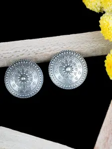 FIROZA Silver-toned Oxidised Circular Studs Earrings