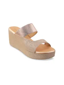 Mochi Women Rose Gold & Gold-Toned Glitter Embellished Wedge Heels