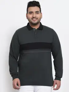 Kalt Men Plus Size Charcoal Grey Striped Polo Collar T-shirt