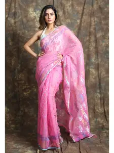 Charukriti Pink & Silver-Toned Floral Silk Cotton Jamdani Saree