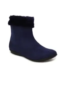 Bruno Manetti Women Navy Blue High-Top Suede Flat Boots