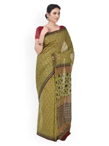 Kalakari India Olive Green Bagh Hand Block Print Handcrafted Cotton Sustainable Saree