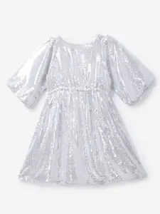 YK Girls Silver-Toned Embellished Georgette Dress