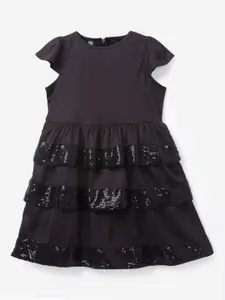 YK Black Embellished Layered Satin Dress