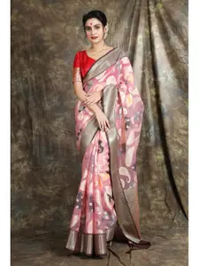 Charukriti Pink & Silver-Toned Paisley Woven Design  Zari Border Organza Saree