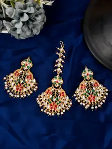 Silvermerc Designs Women Gold-Plated Red & White Kundan Studded Maang Tikka with Earrings