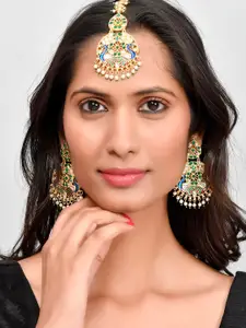 Silvermerc Designs Gold plated & Green Meenakari Peacock Design Maang Tikka With Earrings