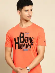 Being Human Men Orange Brand Logo Printed Pure Cotton T-shirt