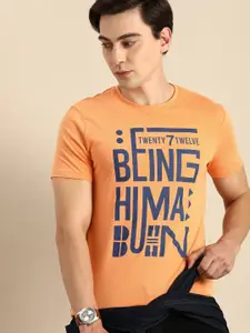 Being Human Men Orange & Blue Typography Printed Pure Cotton T-shirt