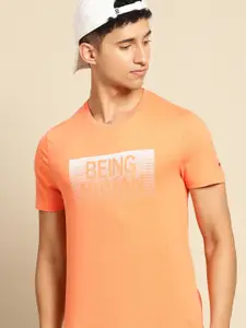 Being Human Men Orange Brand Logo Printed Pure Cotton T-shirt