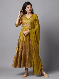AURELIA Yellow Ethnic Motifs Ethnic Maxi Dress With Dupatta