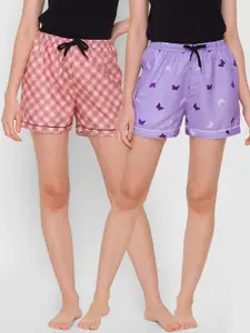 FashionRack Women Pack Of 2 Purple & Brown Printed Cotton Lounge Shorts