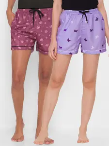 FashionRack Women Pack of 2 Purple & Burgundy Printed Cotton Lounge Shorts