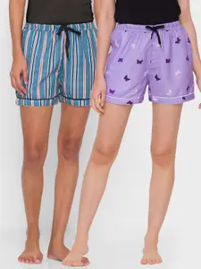 FashionRack Women Pack of 2 Purple & Teal Cotton Printed Lounge Shorts