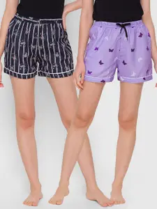 FashionRack Women Pack of 2 Black & Purple Printed Cotton Lounge Shorts