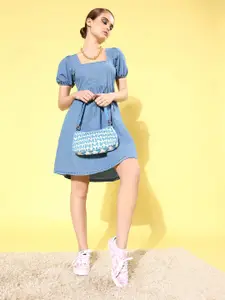 Dressberry Women Blue Solid Denim Puff Sleeves Pure Cotton  A-Line Dress