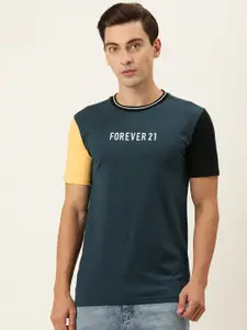 FOREVER 21 Men Teal Blue Typography Printed T-shirt