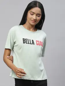 plusS Women Green & Pink Bella Ciao Money Heist Song Print Cotton T-shirt