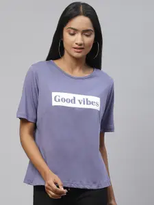 plusS Women Purple & White Typography Print Cotton T-shirt