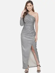 Just Wow Silver-Toned Embellished One Shoulder Maxi Dress