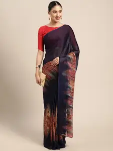 KALINI Navy Blue Abstract Print Poly Georgette Saree with Blouse Piece