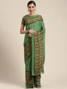KALINI Green & Beige Geometric Print and Checked Poly Georgette Saree