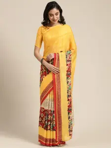 KALINI Yellow & Red Floral & Geometric Print Poly Georgette Saree