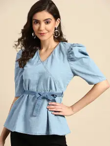 all about you Women Blue Solid Pure Cotton Denim Top with Belt