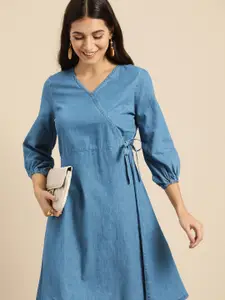 all about you Women Solid Pure Cotton Chambray A-Line Dress With Tie-up Detail