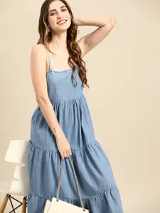 all about you Blue Pure Cotton Tiered Denim Solid Maxi Dress