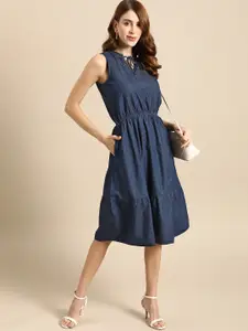all about you Navy Blue Solid Pure Cotton Denim Solid Midi Fit & Flare Dress