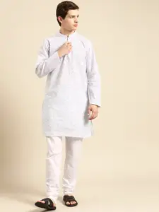 Anouk Men White & Purple Printed Pure Cotton Kurta Set