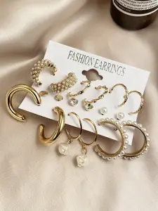 Shining Diva Fashion Set Of 9 Gold-Plated Contemporary Hoop  Studs Earrings