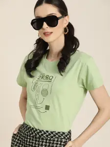 DILLINGER Women Green Typography Printed Pure Cotton Boxy T-shirt