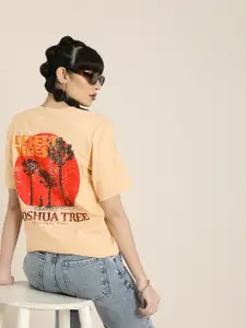 DILLINGER Women Beige & Orange Tropical Pure Cotton Drop-Shoulder Sleeves Loose T-shirt