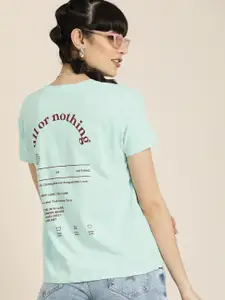 DILLINGER Women Blue & Burgundy Back Typography Printed Cotton Boxy T-shirt