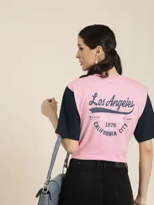 DILLINGER Women Pink & Navy Blue Back Typography Cotton Oversized Longline T-shirt
