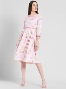 DODO & MOA Pink Floral Fit & Flare Crepe Dress