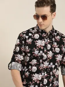 Moda Rapido Men Black And White Slim Fit Floral Printed Pure Cotton Sustainable Casual Shirt