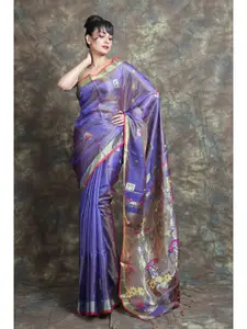 Charukriti Blue & Gold-Toned Woven Design Zari Tissue Saree