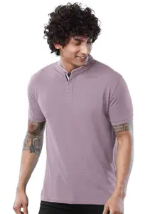 The Souled Store Men Lavender Mandarin Collar T-shirt