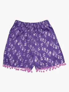 KiddoPanti Girls Purple Floral Printed Regular Fit Shorts