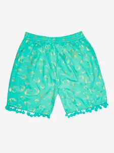 KiddoPanti Girls Blue Printed Shorts