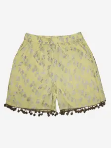 KiddoPanti Girls Yellow Floral Printed Shorts