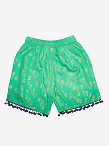 KiddoPanti Girls Green Floral Printed Shorts