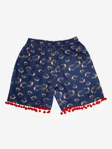 KiddoPanti Girls Navy Blue & Gold-Toned Abstract Printed Shorts