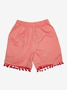 KiddoPanti Girls Peach-Coloured Floral Printed Regular Fit Shorts